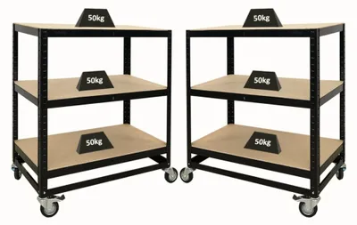 Produktbild von Mega Deal 2x Kommissionierwagen BÜFFEL | HxBxT 100x90x50cm | 3 Ebenen | Fachlast 50kg | 4 Lenkrollen, davon 2 mit Feststellbremse | Schwarz | Fahrbares Kommissionierregal, Regal auf Rollen, Regalwagen