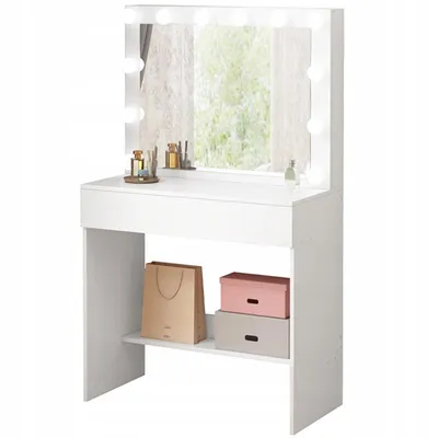 A white vanity table with a lighted mirror, makeup, and storage boxes on a shelf.
