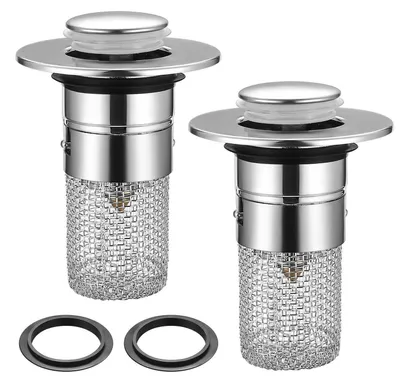 Image de 2 bouchons de vidange pour lavabo avec filtre à cheveux, filtre de vidange en acier inoxydable de 34 à 40 mm, clapet de vidange universel à poussoir