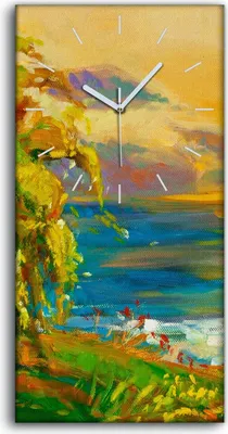 Produktbild von Wandbild Leinwand Bilder mit Uhr 30x60 Gemälde Wiese Wald Himmel Sonnenuntergang - weiße Hände