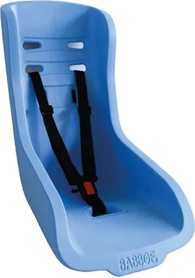 A blue child seat with black straps, presented against a white background.