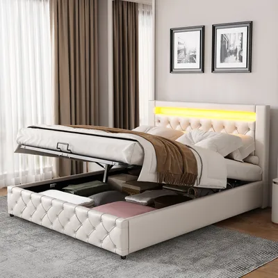 Produktbild von Flieks Polsterbett mit Stauraum und Lattenrost, Boxspringbett 160x200cm Doppelbett mit Led, Stauraumbett Funktionsbett, Weiß