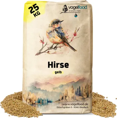 A bag of birdseed with a watercolor illustration of a bird and a landscape.