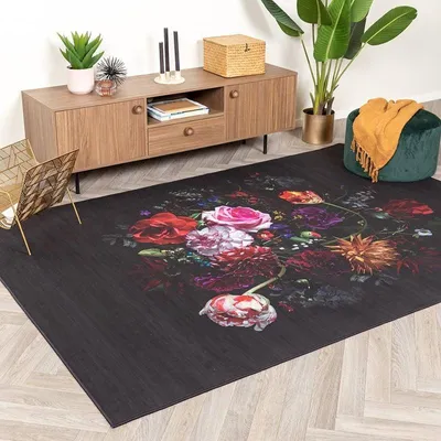 Produktbild von Volero - Teppich Floral - Florine Schwarz Rosa - 80x150 cm - Wohnzimmer, Esszimmer, Schlafzimmer - Boho, Industrielle, Ländlich, Modern