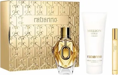 A perfume set including a perfume bottle, a lotion tube, and a rollerball perfume, all in gold and white packaging.
