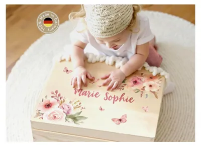 Produktbild von Personalisierte Holzkiste zur Aufbewahrung von Baby-Erinnerungen, Geschenk zur Geburt, Taufe und Geburtstag für Mädchen