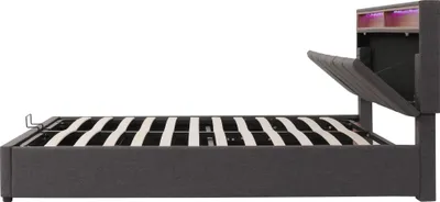 Image de OKWISH Lit Coffre Double 140x200 cm - Lit Hydraulique avec Rangement Intégré et Éclairage LED - Tissu Lin - Sans Matelas - Gris