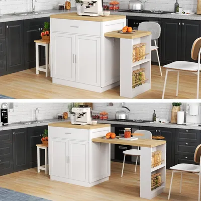 Immagine prodotto di Isola da cucina con tavolo estensibile per 4-6 persone, presa di corrente, 2 cassetti, ripiani, dimensioni 188x55x92 cm, colore bianco