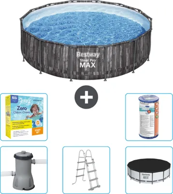 Produktbild von Bestway Round Steel Pro MAX Schwimmbad – Holzdruck – 427 x 107 cm – inklusive Pumpe – Leiter – Abdeckung Wartungspaket - Filter