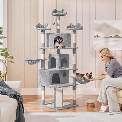 Produktbild von Yaheetech XXL Katzenkratzbaum Katzenbaum Kletterbaum 194 cm, Stabil mit Plüsch Sisalseil, kratzbaum für Katzen deckenhoch Hellgrau
