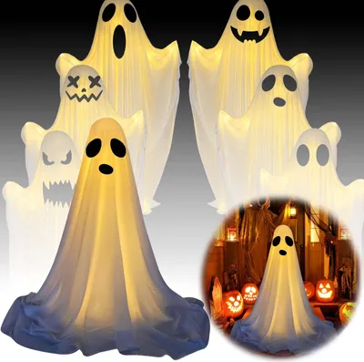 Immagine prodotto di Ghirlanda luminosa di Halloween con fantasmi, alimentata a batterie, luci a forma di fantasma in piedi, 165 cm, altezza regolabile, ghirlande luminose da esterno, decorazioni per feste e giardini - A