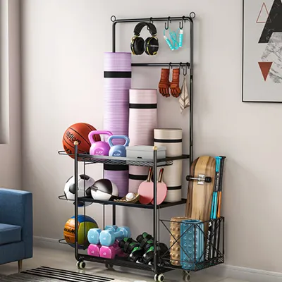 Image de Étagère de rangement pour tapis de yoga, pour la maison, le gymnase, support de poids pour haltères,organisateur d'appareils d'entraînement, support d'haltères de gymnase de rangement avec crochets et roues verrouillables