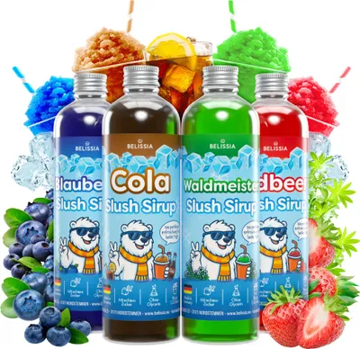 Produktbild von Belissia Slush Eis Sirup 4x250ml Konzentrat - Blaubeer, Cola, Waldmeister, Erdbeer - in knalligen Farben (1:5) - Glycerin frei – für Slush-Eis