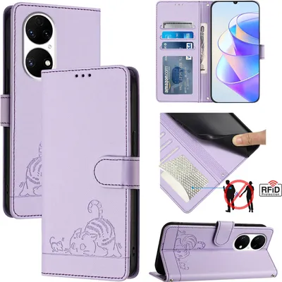 Produktbild von Leder Hülle für Huawei P50 Süße Katze Flip Case Brieftasche Schutzhülle mit Standfunktion Lila