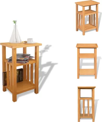 A collage of images showing a wooden side table from different angles.