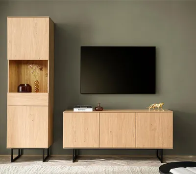 Produktbild von Wohnwand in Eiche mit 150 cm Lowboard & Vitrinenschrank mit Beleuchtung, Metallgestelle, 2-teilig - KASOL-61