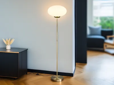 Produktbild von Dimmbare Wohnzimmer LED Stehlampe Messing mit Glaskugel Lampenschirm, Höhe 150cm
