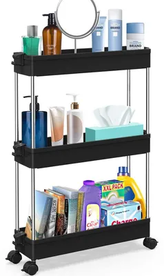 Immagine prodotto di Carrello da cucina a 3 ripiani, carrello sottile con ruote, scaffale angolare su ruote, scaffale portaoggetti, colore nero