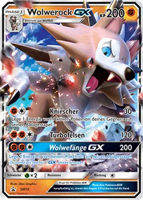 A close-up of a Pokemon card featuring a creature called Wolwerock GX.