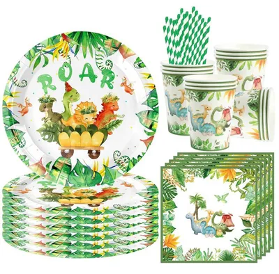 Image de Ensemble de vaisselle pour fête sur le thème des dinosaures, comprenant 68 pièces pour 16 personnes : assiettes, gobelets et serviettes