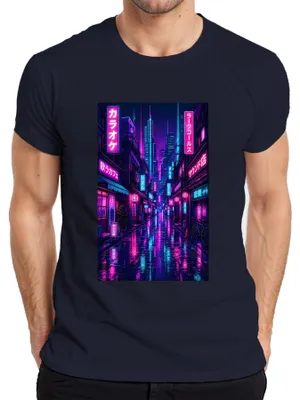 Zdjęcie produktu dla Koszulka męska z motywem cyberpunkowym, Tokio, noc, neon, Japonia, styl Y2K, vaporwave, kolor granatowy, rozmiar 3XL