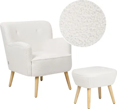 Produktbild von BELIANI Sessel Weiß Bouclé Stoffbezug Helle Holzbeine mit Hocker Armlehnen Knopfheftung Retro-Design Wohnzimmer Schlafzimmer Ausstattung Sitzmöbel