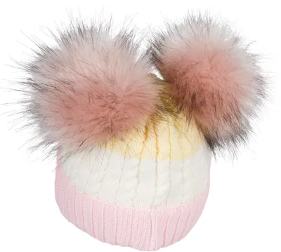 Produktbild von styleBREAKER Kinder Strick Bommelmütze 3-Farbig Gestreift, 2 Kunstfellbommel, Fleece Futter, 2-5 Jahre 04024204