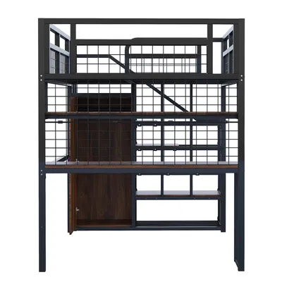 Produktbild von Merax Metall-Hochbett 140x200 cm mit Schreibtisch und Regal, Etagenbett mit Stauraumtreppe und Kleiderschrank, Eisenbett mit Lattenrost, Schwarz