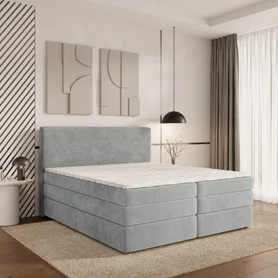 Produktbild von Masseno Boxspringbett MATERN 140x200 cm Komplett-Set mit Bonell Matratze und Topper, Polsterbett mit Bettkästen -Hellgrau, POSO 55 + PAROS 05