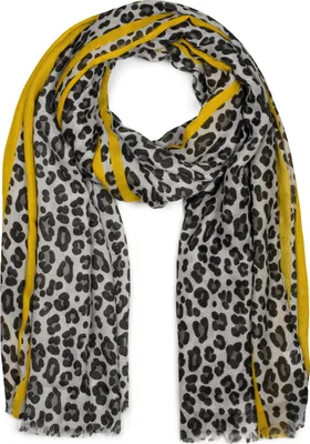 Produktbild von styleBREAKER Damen Schal mit Leo Muster und farbigem Streifen | Weiches Material mit Fransen | Animal Print Tuch in One Size