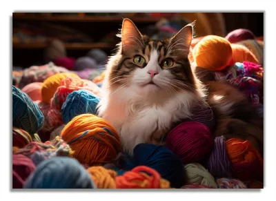 Produktbild von Wallario Poster - Katze in einem Berg von Wollknäuel, Kunstdruck Größe: 70 x 100 cm