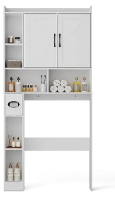 Image de Armoire pour machine à laver - 2 portes - Étagères réglables - Blanc - Espace 70 x 90 cm - Pour toilettes et buanderie