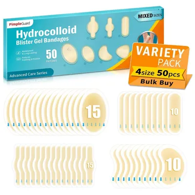 Immagine prodotto di Cerotti idrocolloidali per vesciche, confezione da 50 pezzi, 4 diverse dimensioni, impermeabili, cerotti in gel per tallone, dita dei piedi e avampiede