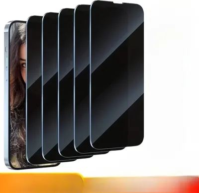 A stack of privacy screen protectors for a smartphone, with a woman's eye peeking from behind the first one.