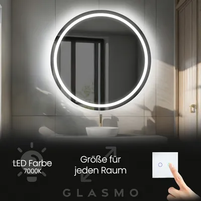 Produktbild von Spiegel mit Beleuchtung 90 cm Nova - Rund Badezimmerspiegel mit LED Beleuchtung - Kaltweiß 7000K - LED Badspiegel Lichtspiegel