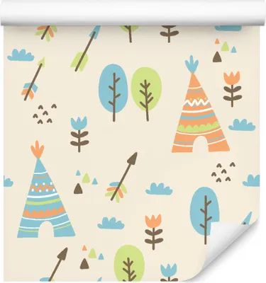 Produktbild von 10m VLIES TAPETE Rolle Kinderzimmer Blumen Bäume Gebirge Tipi Pfeile XXL