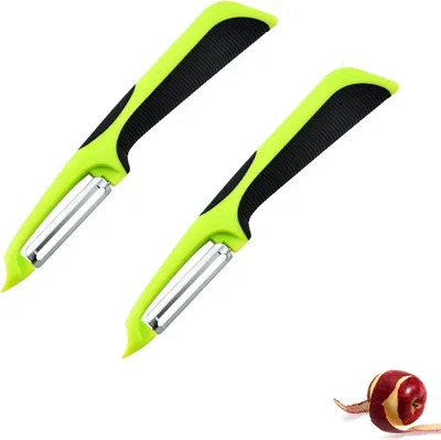 Imagen del producto de Pelador de verduras giratorio con cuchilla de acero inoxidable, mango antideslizante, apto para frutas y verduras