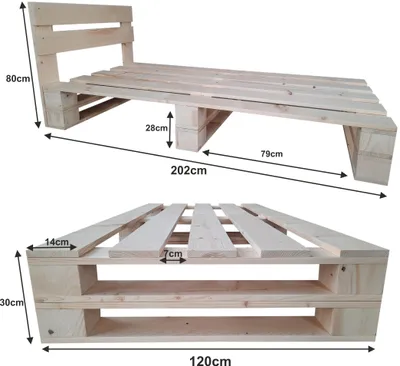 Two views of a wooden pallet bed frame with dimensions indicated.