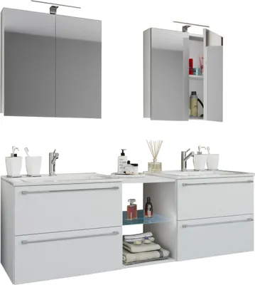 Immagine prodotto di 3 pz. Set | 2 lavabo, 2 specchi, 2 lavabi, 1 scomparto centrale | Lavabo in Vetroceramica | Armadio inferiore 155 cm | Set mobili da bagno Lavabo doppio - Badinos XXL