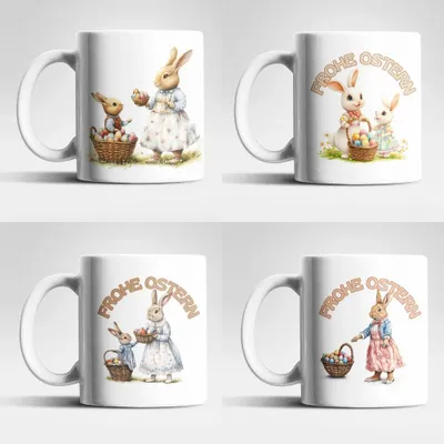 Produktbild von Ostern Hase Ostereier Kaffeetasse Teetasse Tasse Geschenkidee 325 ml – 4er Set