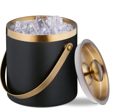 Produktbild von Relaxdays Eiswürfelbehälter, Edelstahl, doppelwandig, Eiseimer mit Deckel & Henkel, 1,5 l, Eiswürfelkübel, schwarz/gold