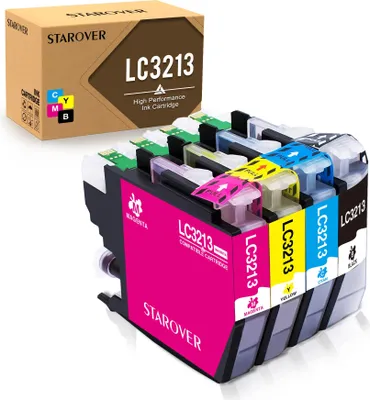 A box of STAROVER LC3213 ink cartridges and a set of four ink cartridges.