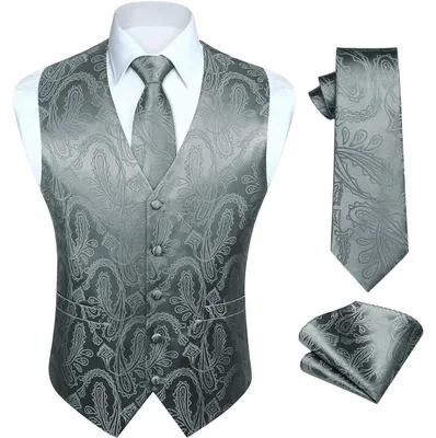 Productafbeelding van Herenset: vest, das, zakdoek, donkergrijs, jacquardzijde, maat S