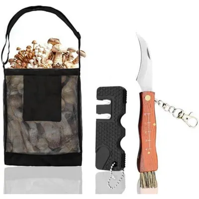 Produktbild von Pilzmesser Set mit Bürste und Tasche, Edelstahl Klappmesser, Messerschärfer