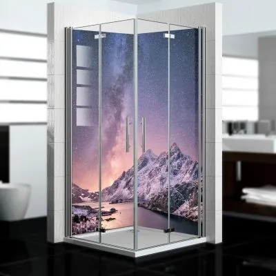 Produktbild von dedeco Eck-Duschrückwände Aluminium Aluminium wasserfest Motiv: Polarlicht V3, 2 x 90x210x0,3cm, Fliesenersatz fugenlos Wandverkleidung Wandpaneele,  Germany