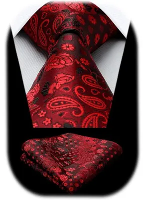 Productafbeelding van Herenset: stropdas en zakdoek, rood en zwart, zijde, jacquard, paisley-motief, bloemendesign