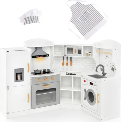 Immagine prodotto di COSTWAY Angolo cucina, cucina per bambini con luci e suoni, cucina per bambini con lavello, gelatiera, forno, pentole, cucina giocattolo in legno per bambini da 3 anni (bianco)