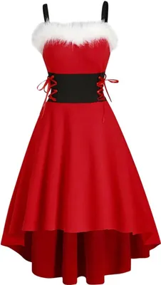 Produktbild von Weihnachtskleid Damen Langarm Rot Weihnachten Party Kleider V-Ausschnitt Weihnachtsmann Kostüm Samt Kleid Weihnachtskleider Weihnachtsfrau Midi Kleid Tunika Elegant Abendkleid Partykleid