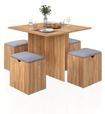 Produktbild von Essgruppe mit 4 Hockern, Esstisch Set mit Stauraum, für kleine Räume, 80 x 80 x 75 cm, Roteiche und Grau