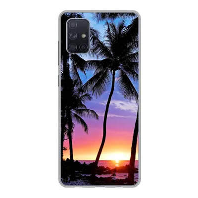 Produktbild von MuchoWow® Handyhülle Schutzhülle Hülle für Samsung Galaxy A71 Der farbenprächtige Sonnenuntergang hinter einer Reihe von Palmen auf Hawaii Silikon Softcase Handy Hülle - Kartenbesitzer